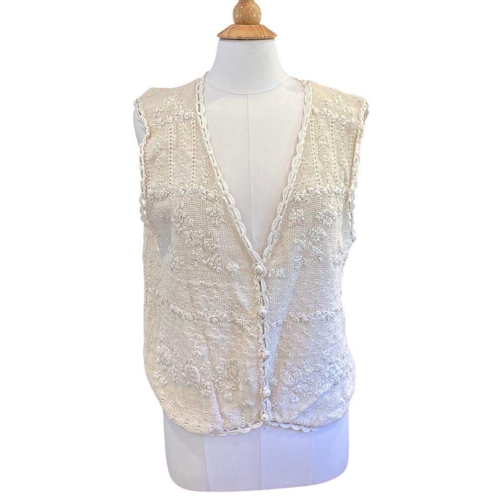 Vintage Erika Ivory Embroidered Beaded Sweater Vest, Cottagecore, Size M